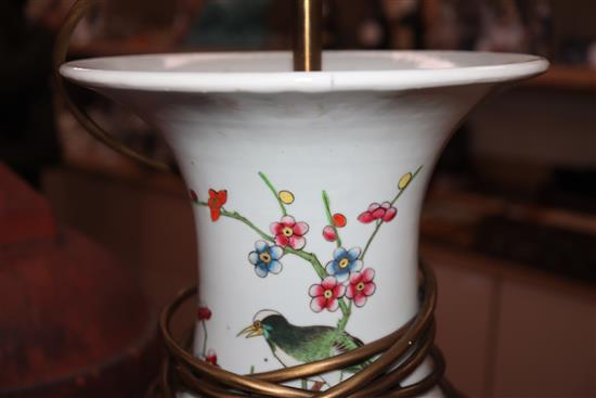 A modern Chinese vase, painted with peonies and pine prunus, fitted as a table lamp height 60cm